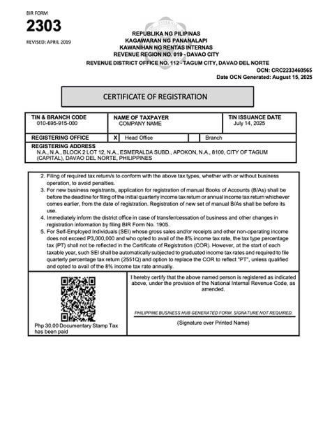 Philippines certificate of registration Word and PDF template, version 2